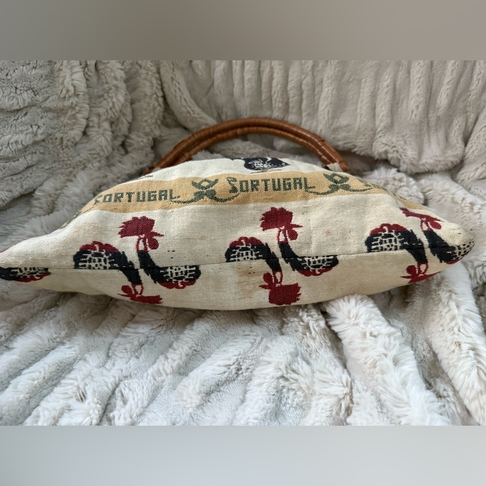 Vintage Portugal Rooster Fabric Woven Bamboo Top Handle Boho Bag - Picture 3 of 5